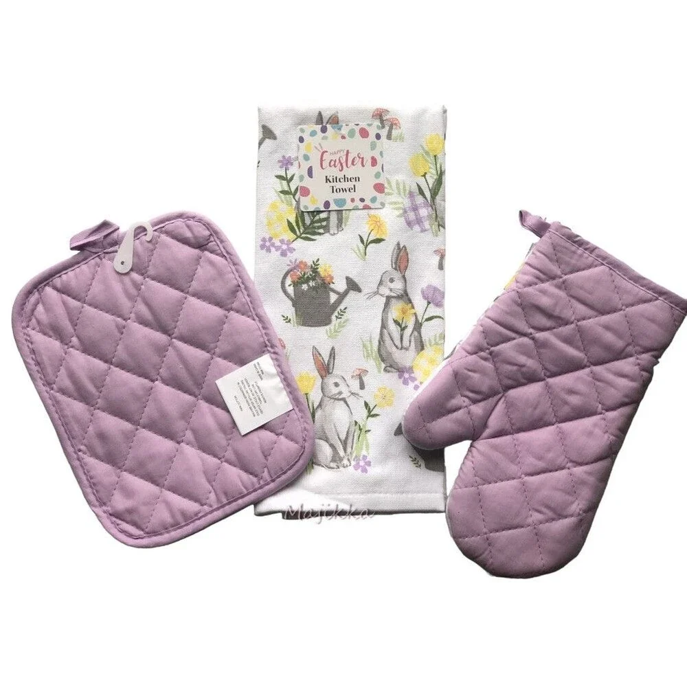 Easter Kitchen Dish Towel Potholder Oven Mitt Bunny Peter Cottontail Set of 3